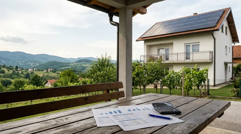 Finansiranje solarne elektrane u BiH: kalkulator, olovka i finansijski izračuni na stolu ispred porodične kuće sa solarnim panelima na krovu