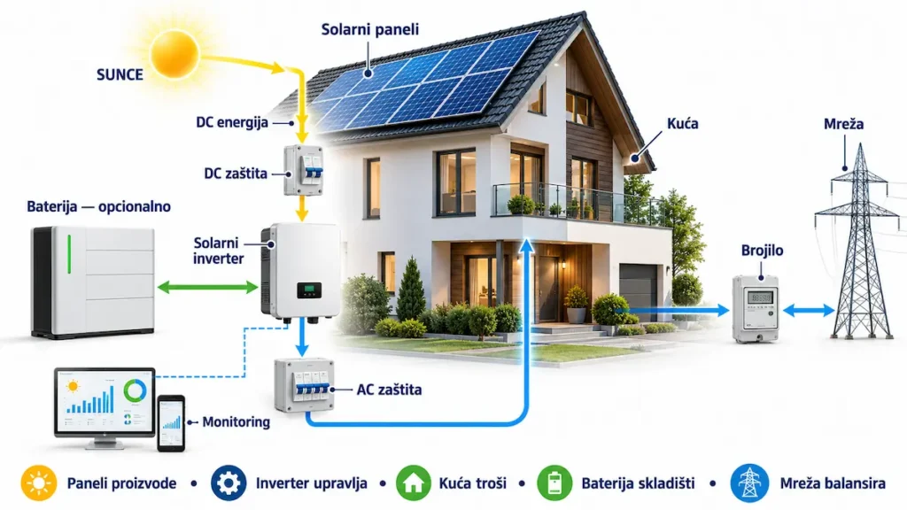 Glavne komponente kućnog solarnog sistema i tok električne energije
