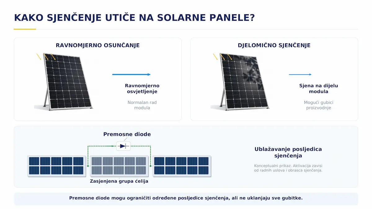 Uticaj djelimičnog sjenčenja i uloga premosnih dioda u solarnim panelima