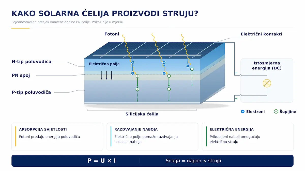 Fotonaponski efekat u silicijskoj solarnoj ćeliji sa prikazom PN spoja i razdvajanja električnih naboja