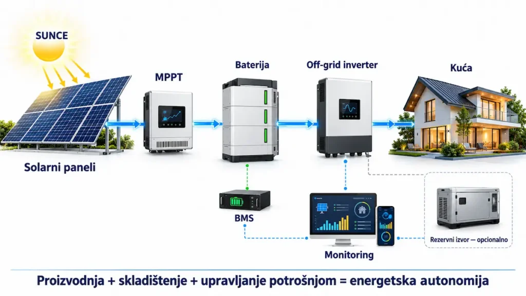 Glavne komponente i tok energije u off-grid solarnom sistemu