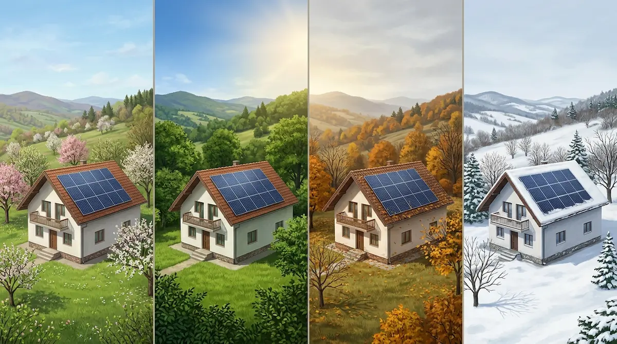 Kuća sa solarnim panelima na krovu prikazana kroz četiri godišnja doba, kao ilustracija godine dana rada solarne elektrane