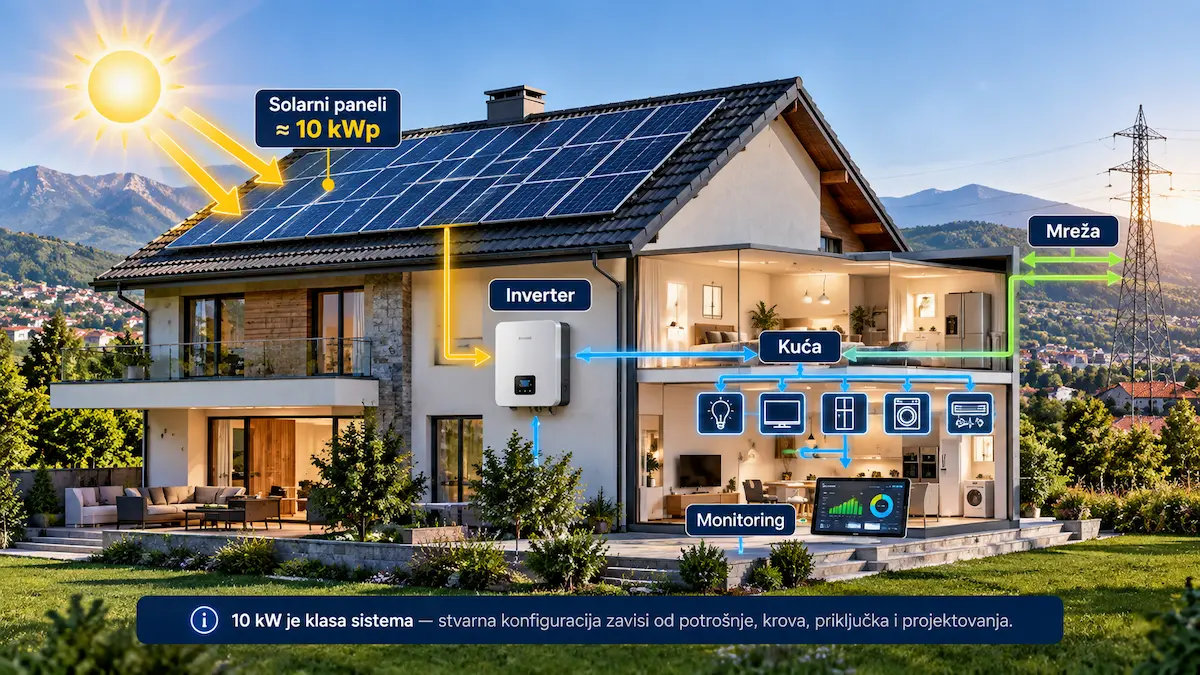 Kućni solarni sistem približne snage 10 kWp sa panelima, inverterom, monitoringom i priključkom na mrežu