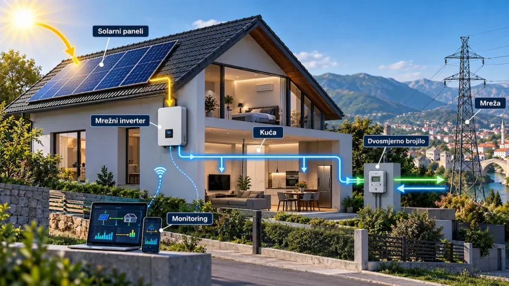 On-grid solarni sistem za kuću sa panelima, mrežnim inverterom, dvosmjernim brojilom i elektroenergetskom mrežom