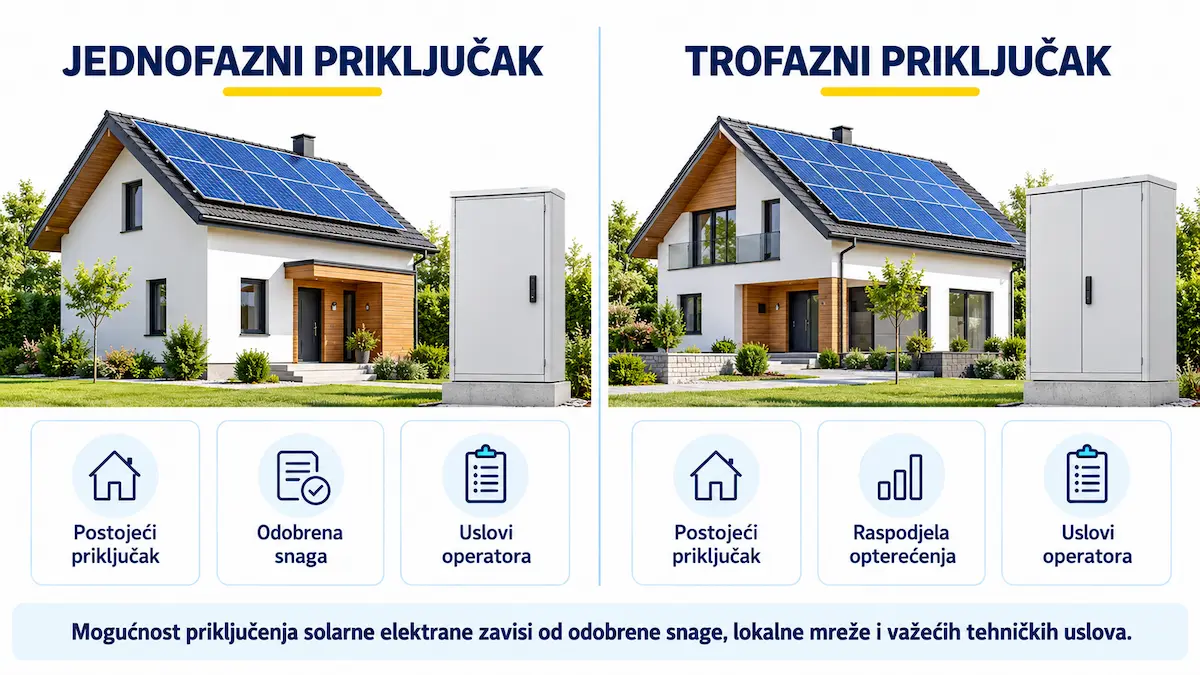 Konceptualno poređenje jednofaznog i trofaznog priključka pri planiranju kućne solarne elektrane