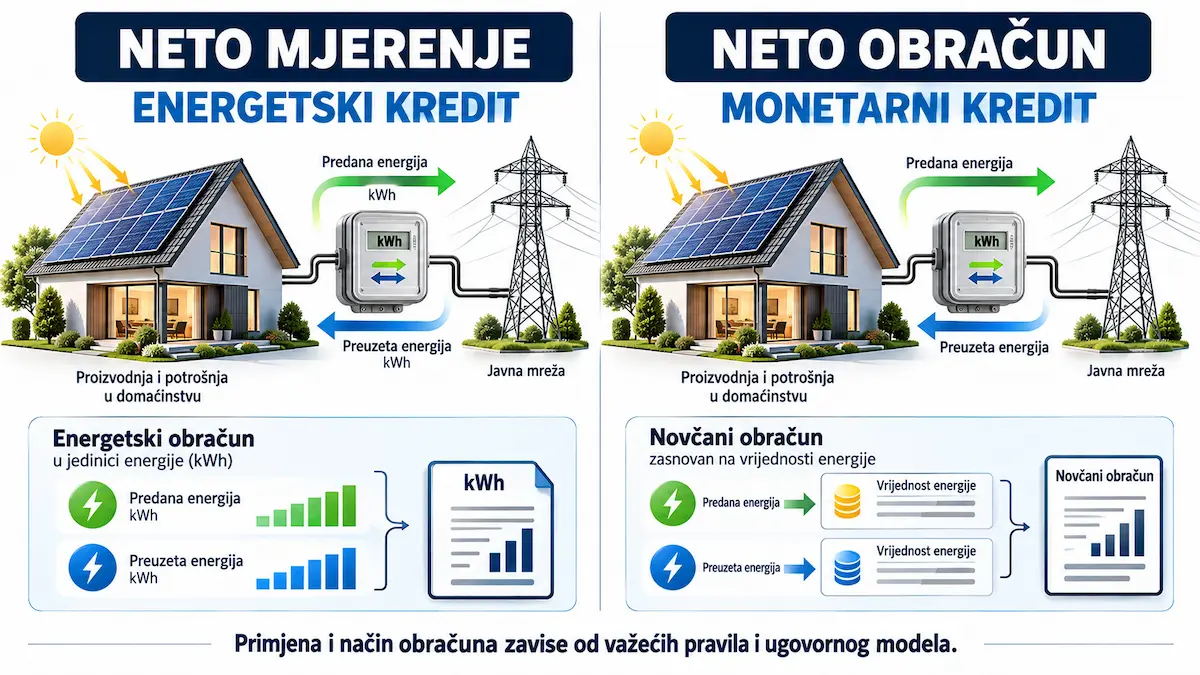 Konceptualno poređenje neto mjerenja sa energetskim kreditom i neto obračuna sa monetarnim kreditom