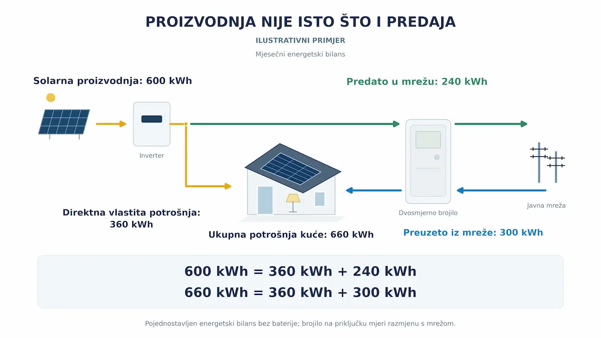 Ilustrativni bilans solarne proizvodnje od 600 kWh sa 360 kWh direktne potrošnje, 240 kWh predaje i 300 kWh preuzimanja iz mreže
