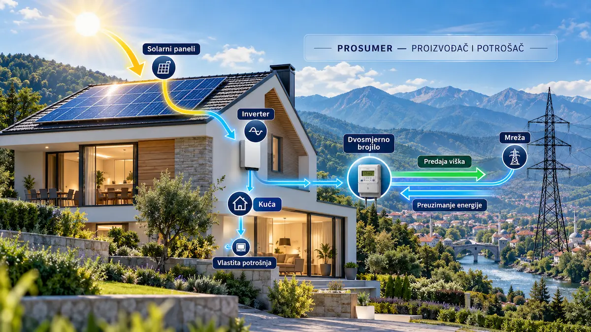 Prosumer u BiH sa solarnim panelima, inverterom, dvosmjernim brojilom i priključkom na javnu mrežu