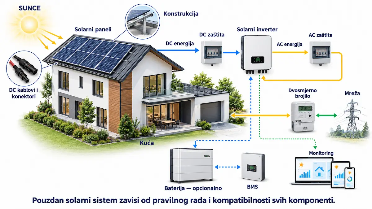 Glavne komponente kompletnog kućnog solarnog sistema i njihov međusobni tok energije