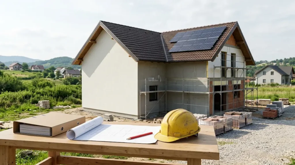 Porodična kuća u izgradnji sa skelom i solarnim panelima na krovu, a u prvom planu sto s projektnom dokumentacijom, nacrtima i zaštitnom kacigom