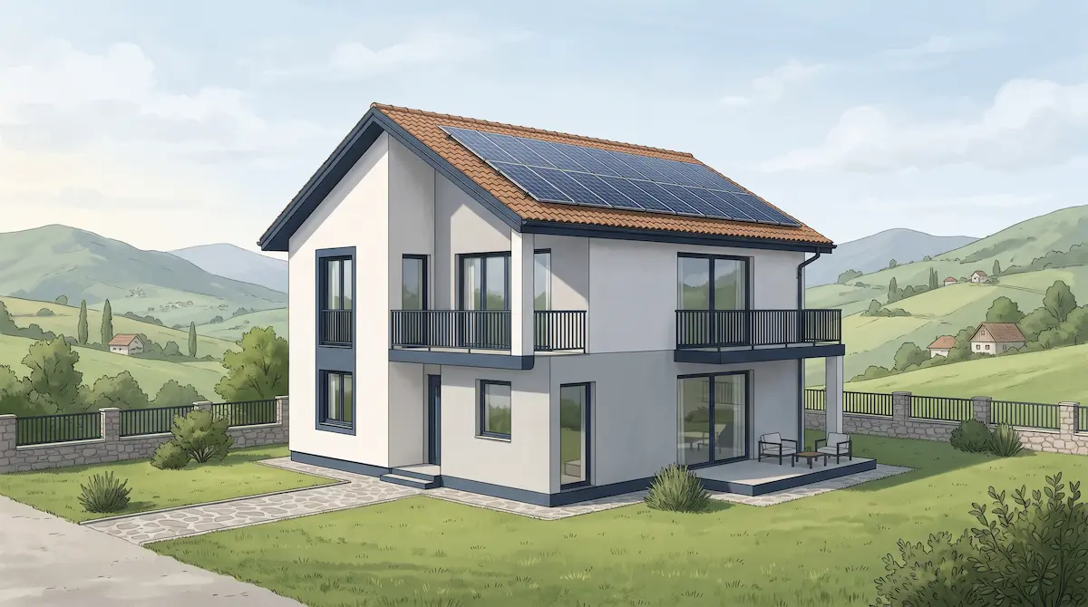 Solarni paneli za kuću u FBiH: porodična kuća na sprat s fotonaponskim panelima na krovu od crijepa u brdovitom krajoliku