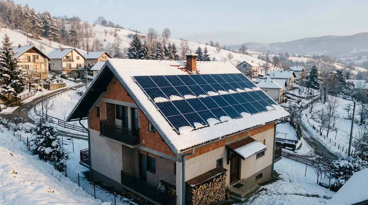 Solarni paneli zimi: fotonaponski moduli na kosom krovu kuće pod snijegom i oblačnim zimskim nebom